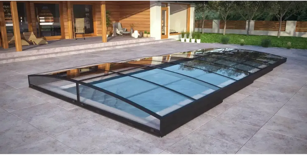 Modern pooltak Sydney 3x5 i transparent glas with black frame and curved edges