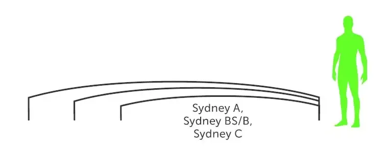 Minimalist svart linjeritning av Sydney 3x5 pooltak med sittplatser och figur