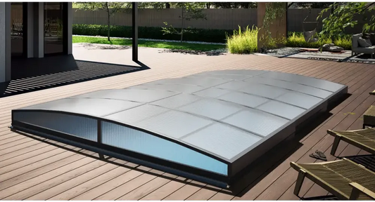 Sydney pool enclosure – 3 x 6, modern design, silver finish, curved design, clear panels
