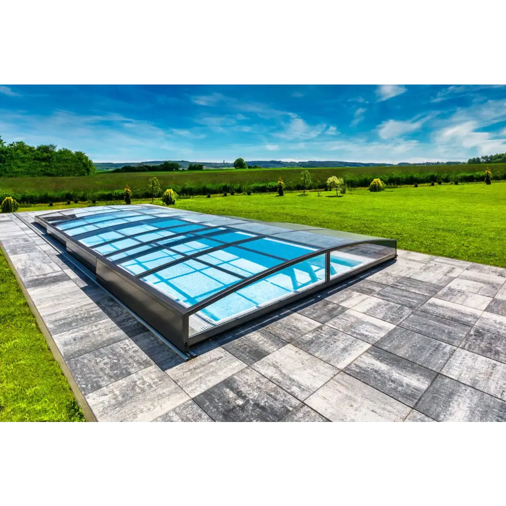 Ultra lågt pooltak Sydney 4x7 i blåtonat glas med metallram