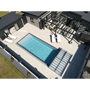 Pooltime Exclusive PP pool, 12 mm – 4 x 12 x 1.5 m, rectangular shape, clear blue water, dark grey tiled steps, buy a pool and pool enclosure