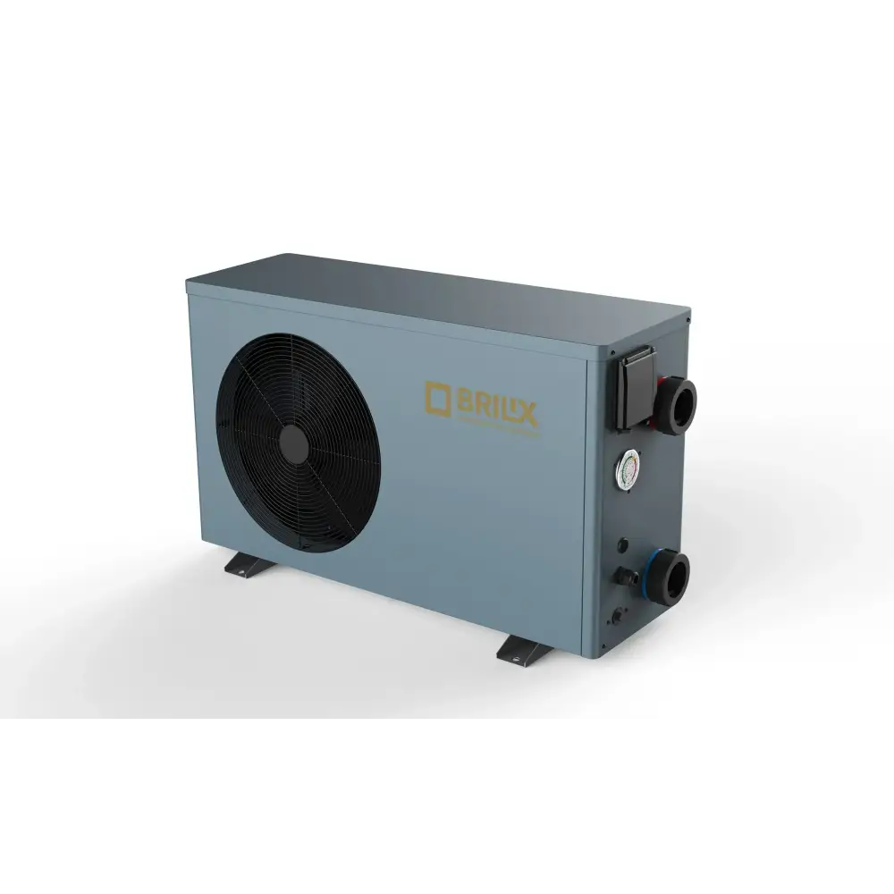 Grå poolvärmepump Brilix XHPFDPLUS 12kW R32 utomhusmodell med svart fläkt
