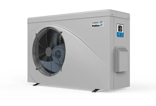 Grey Pahlén Calidi XP17 outdoor heat pump with a circular fan grille and digital display