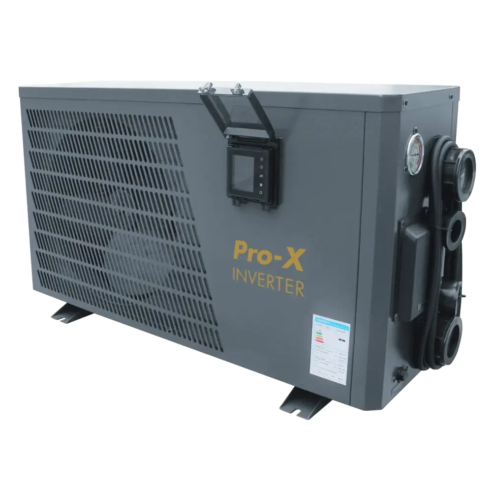 Grå Pro X inverter 12kw värmepump med digitaldisplay och slanganslutningar