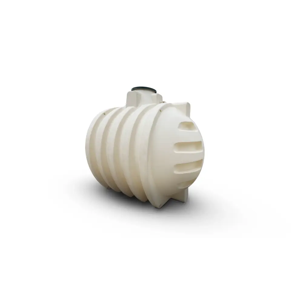 Rainwater tank – cream-coloured plastic, ribbed surface, black cover, side valves