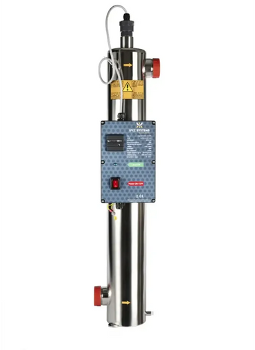 Stainless steel UVC pool water purifier with a blue panel
