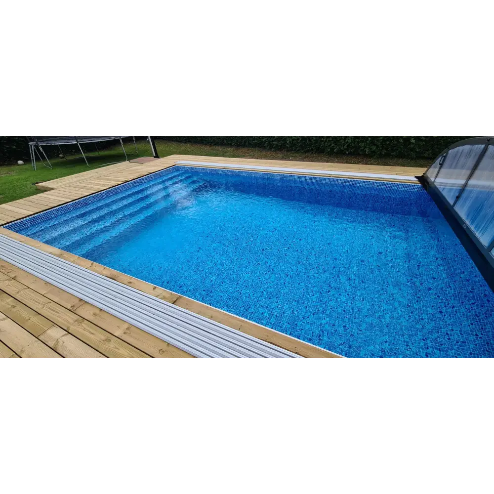 Thermopool Premium Plus med blå mosaik, rektangulär med trädäck och glaslock