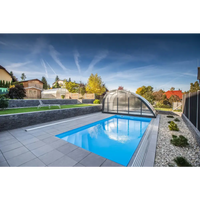 Blå rektangulär pool med transparent valv och grå stenplattor i Thermopp Poolpaket Qbig