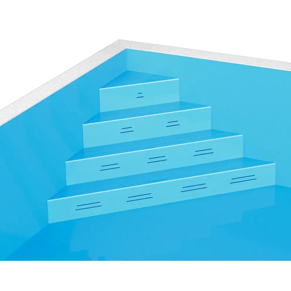 Blå pooltrappa med texturerade halkfria ränder och vit kaklad kant i Thermopp Poolpaket Qbig