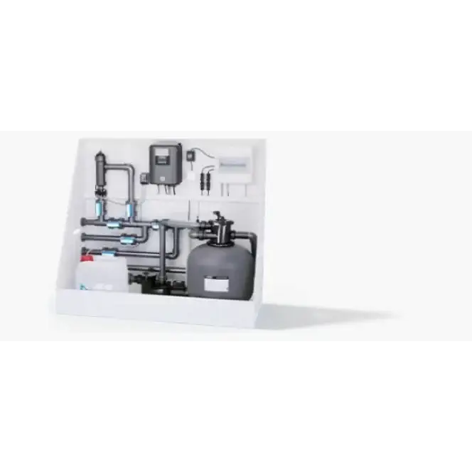 Grå cylindrisk sandfiltertank i Thermopp Poolpaket Qbig med svarta rör