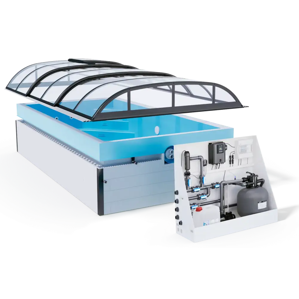 Modern vit pool med Thermopp Poolpaket Qbig, glas tak och filtrering