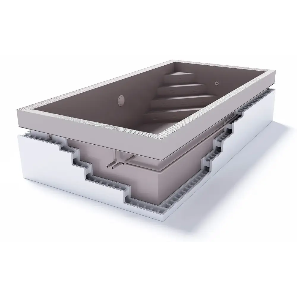 Grå rektangulär poolpaket Qbig Overflow med turkost vatten och inbyggda steg