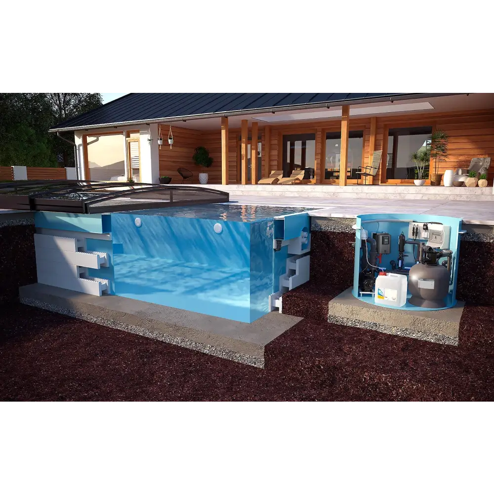 Poolpaket QBIG Overflow med turkost vatten och blå filtreringssystem