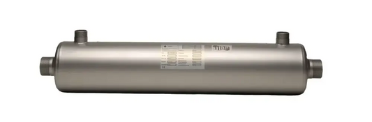 Silver-coloured titanium heat exchanger with Therm branding for maximum energy efficiency Silver-coloured titanium heat exchanger with Therm branding for maximum energy efficiency