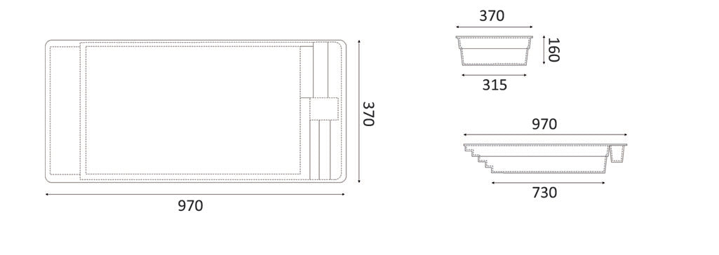 Fiberglass pool Trinidad 9.70m x 3.70m x 1.60m