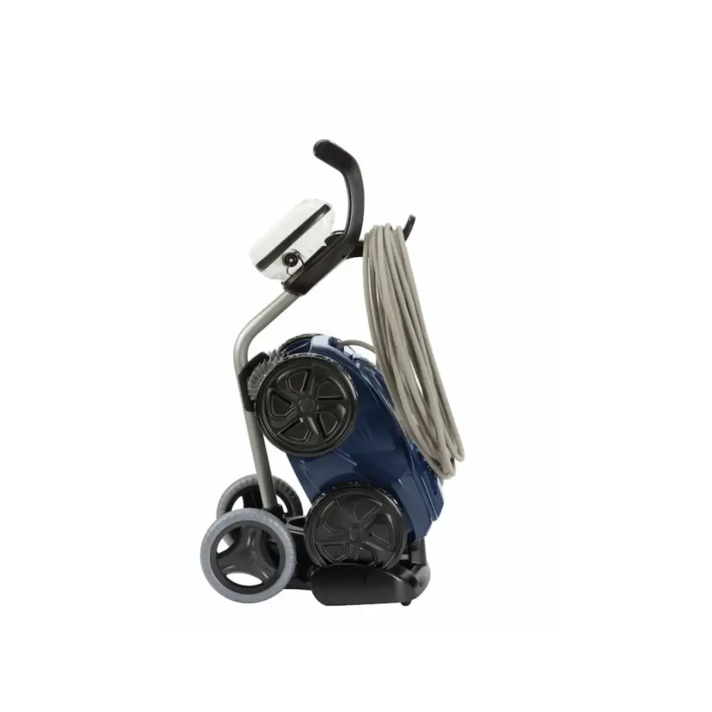 Zodiac Alpha poolrobot med konstant cyklonal aspiration, blå-svart med grå slang på vagn