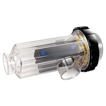 Zodiac eXpert klar plastcylindrisk poolfilter med svarta ändkåpor och blå komponenter för självreglerande hantering